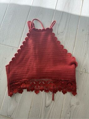 Crochet Lace Trim Halter Crop Top
